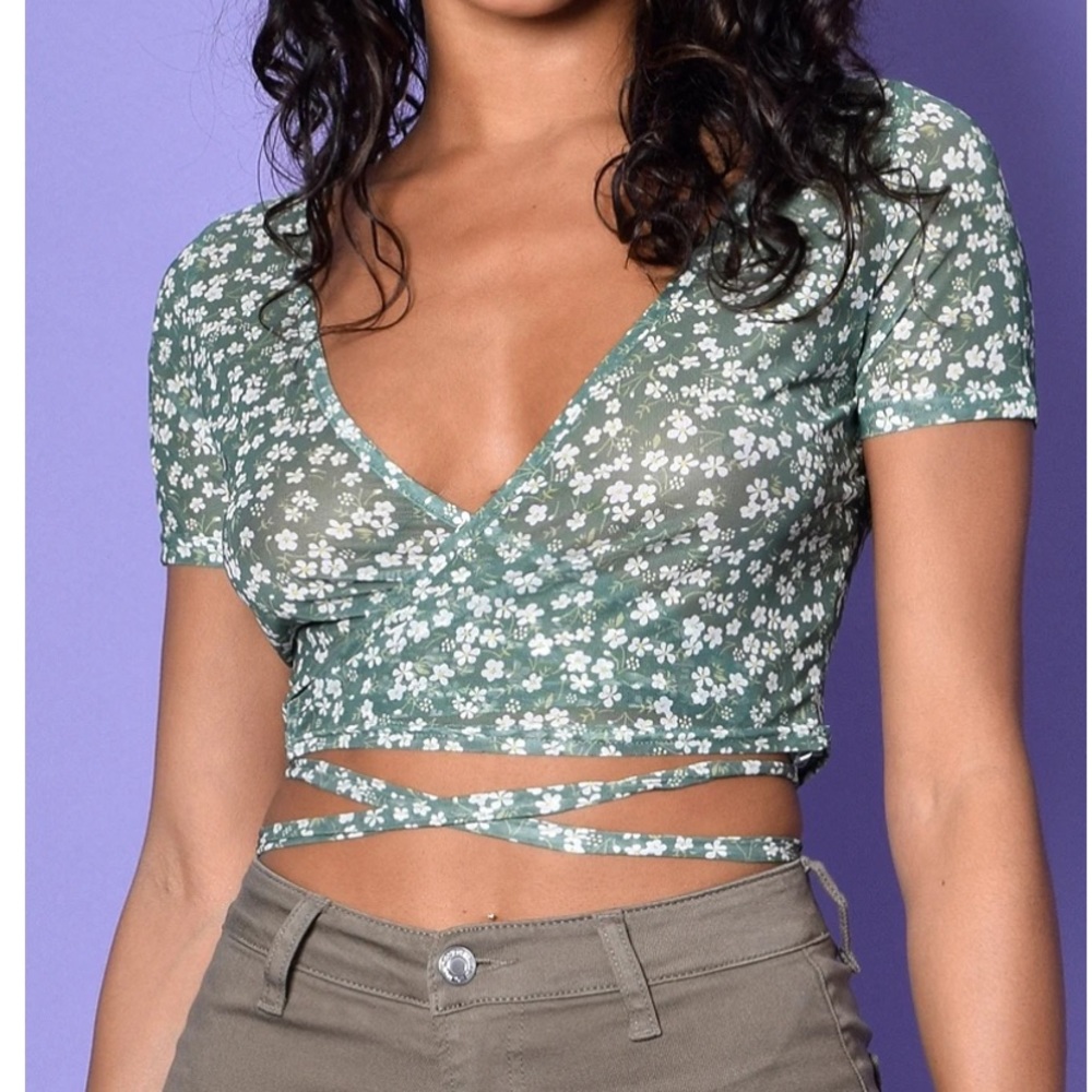 Floral mesh wrap top